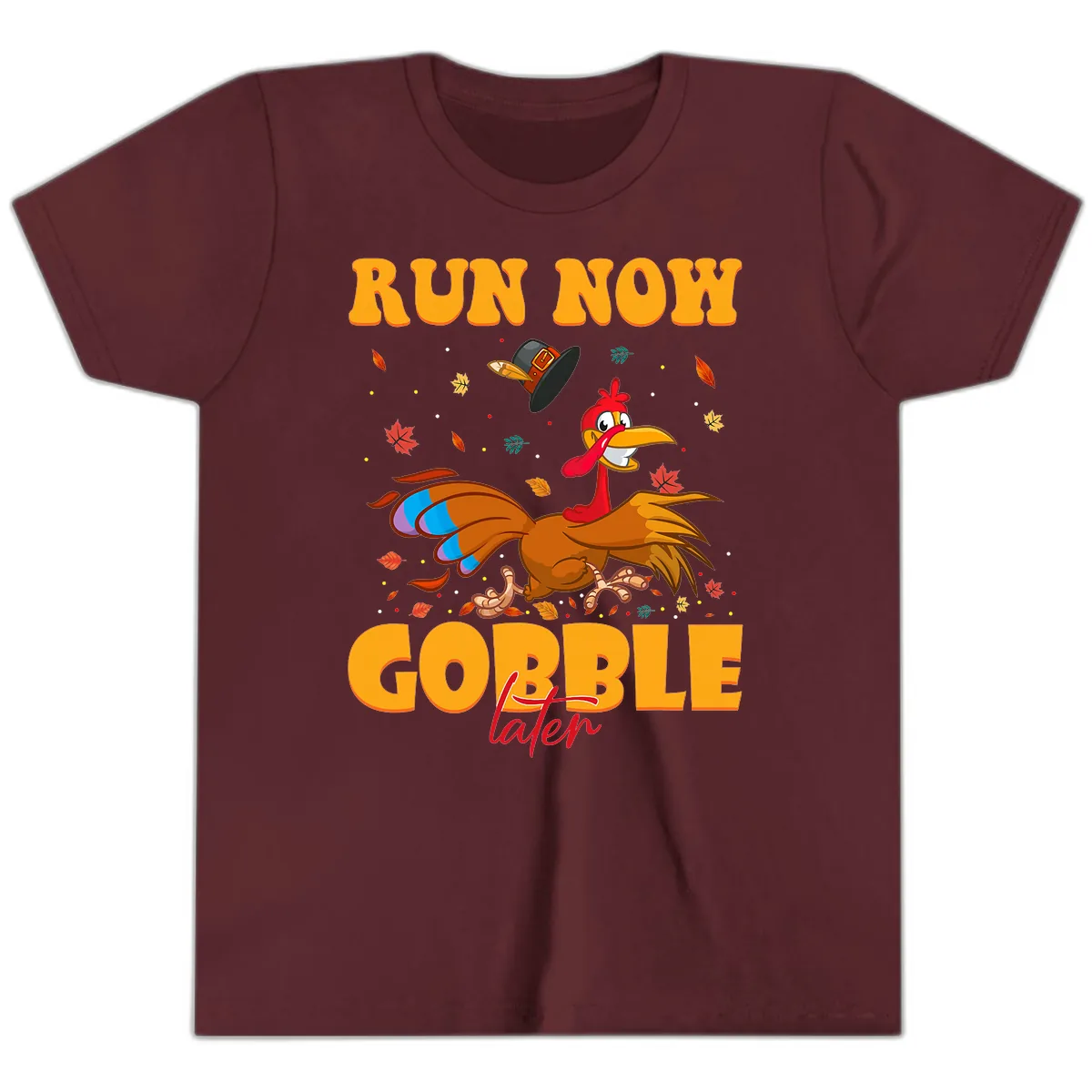 Run Now Gobble Later Turkey Trot Youth T-Shirt in Maroon
