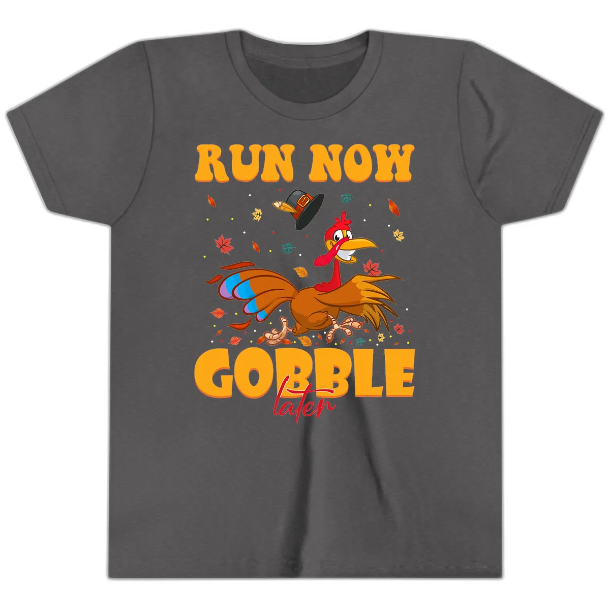 Run Now Gobble Later Turkey Trot Youth T-Shirt in Dark Heather Grey