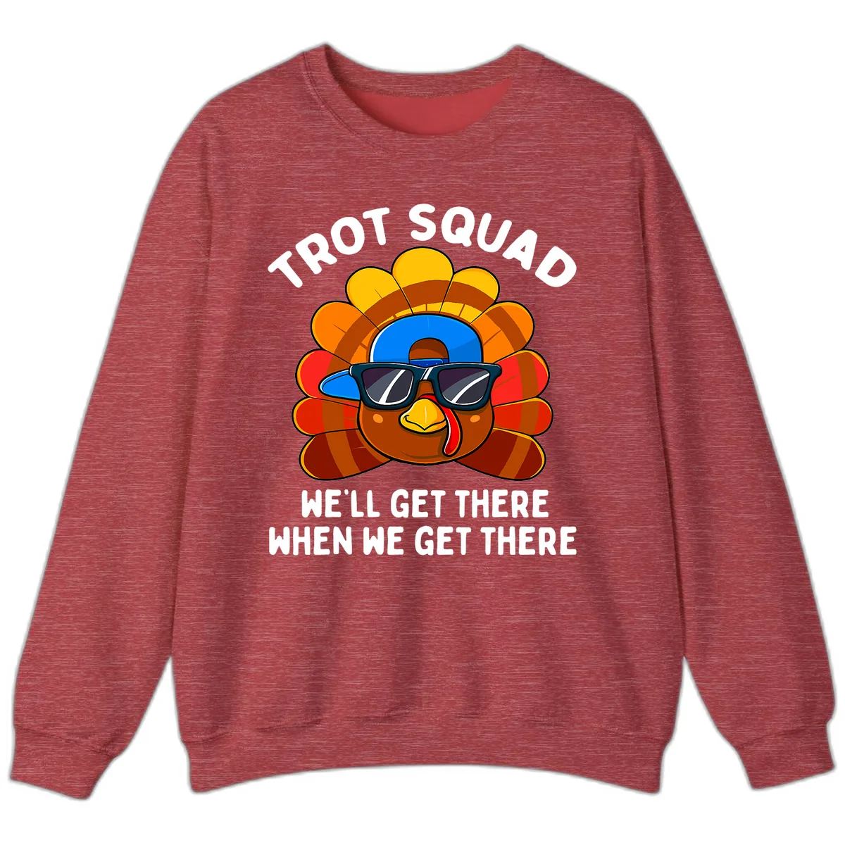 Trot Squad Turkey Thanksgiving Sweatshirt in Heather Scarlet Red