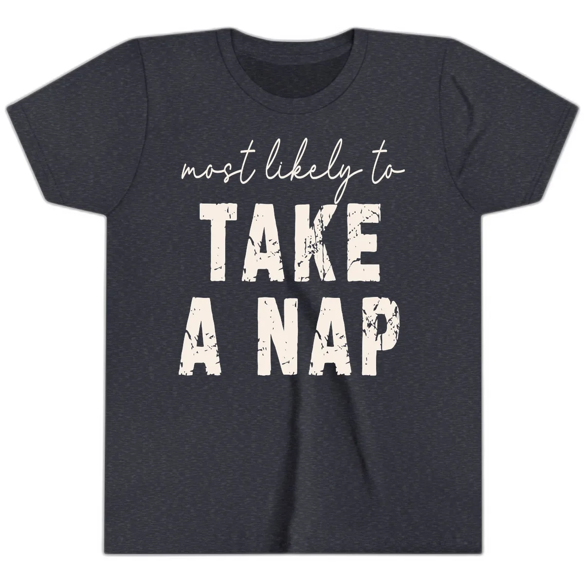 Most Likely To Take A Nap Youth T-Shirt in Heather Navy