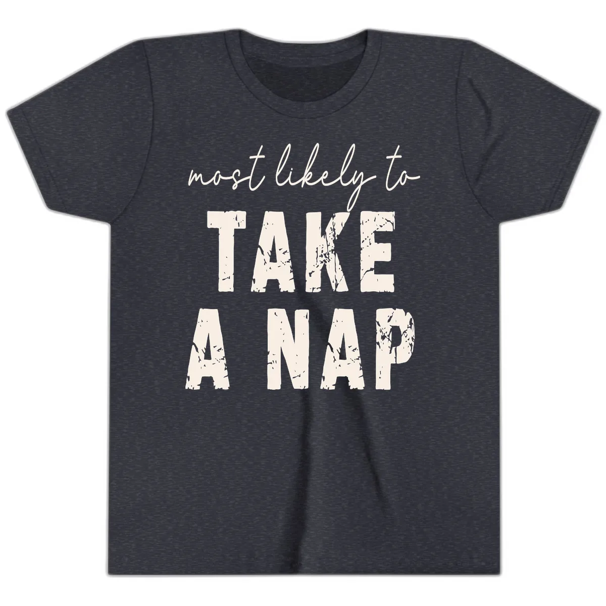 Most Likely To Take A Nap Youth T-Shirt in Heather Navy