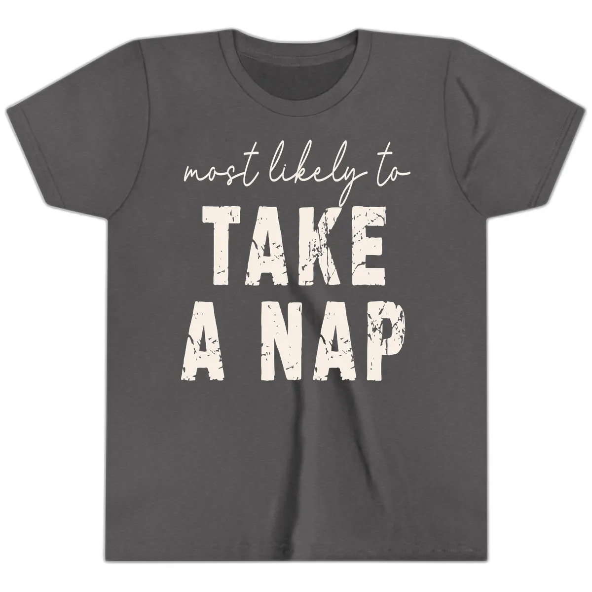 Most Likely To Take A Nap Youth T-Shirt in Dark Heather Grey