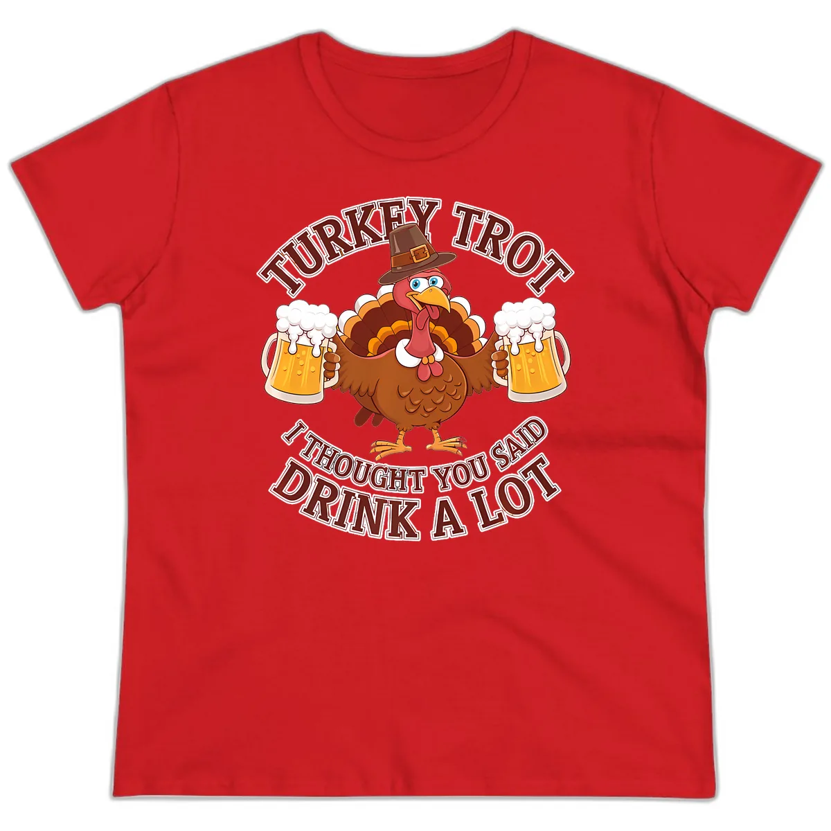 Turkey Trot Drink A Lot Design Ladies Tee in Red