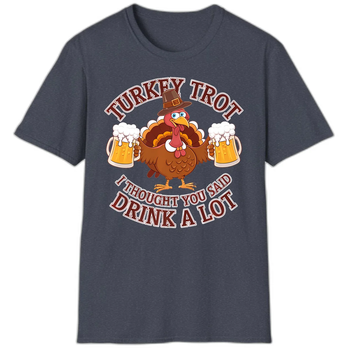 Turkey Trot Drink A Lot Design T-Shirt in Heather Navy