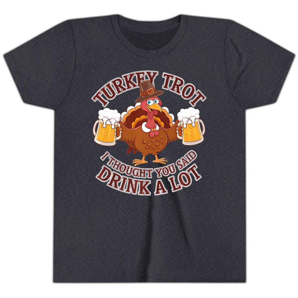 Turkey Trot Drink A Lot Design Youth T-Shirt in Heather Navy