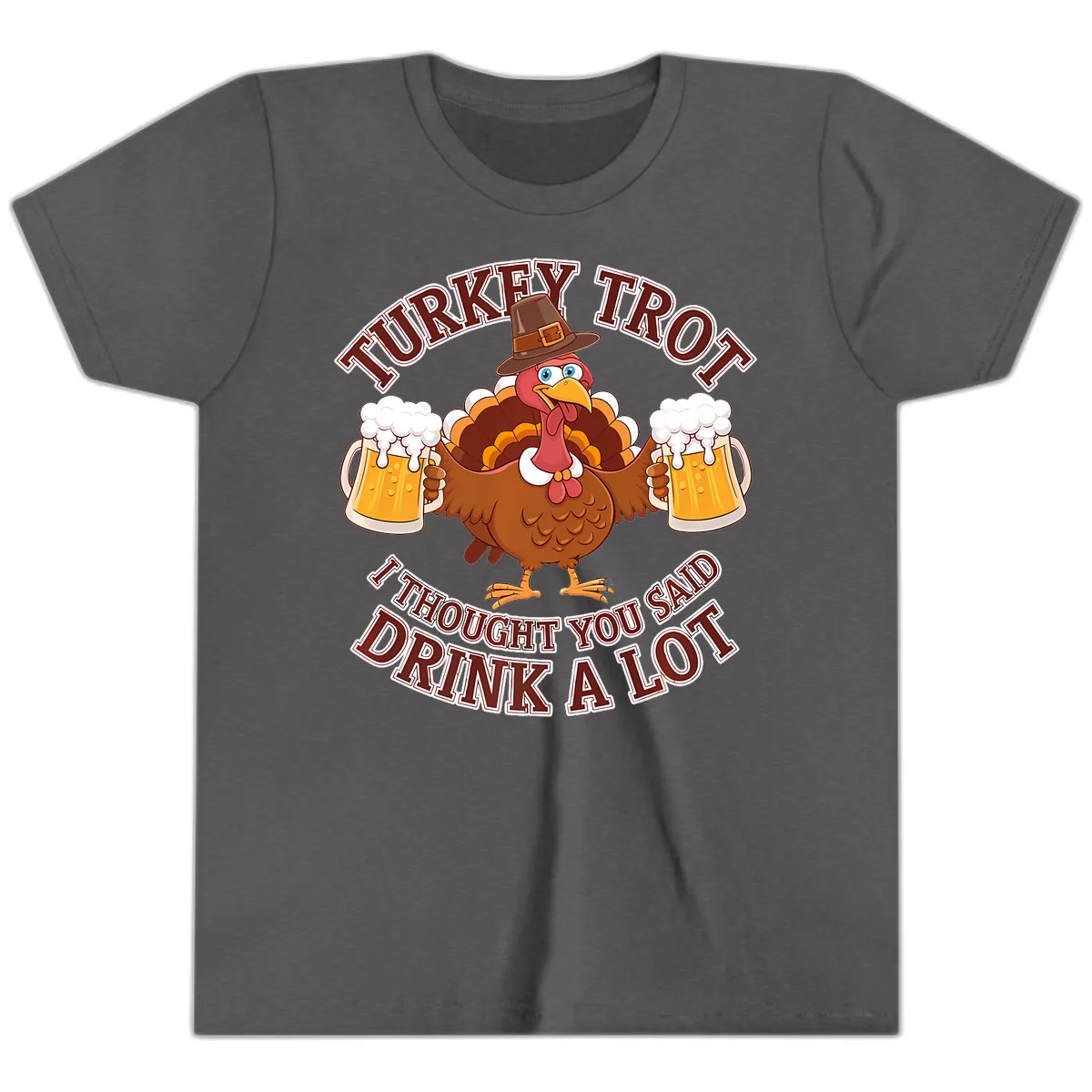 Turkey Trot Drink A Lot Design Youth T-Shirt in Dark Heather Grey