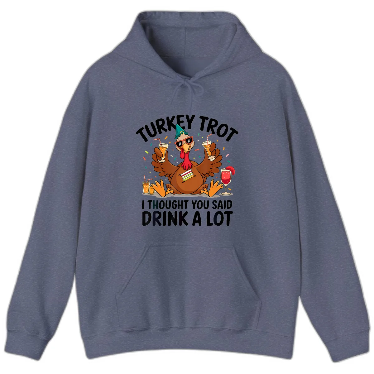 Turkey Trot Drink A Lot Thanksgiving Hoodie in Heather Navy
