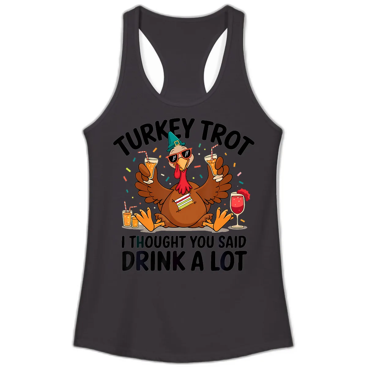 Turkey Trot Drink A Lot Thanksgiving Ladies Tank in Black