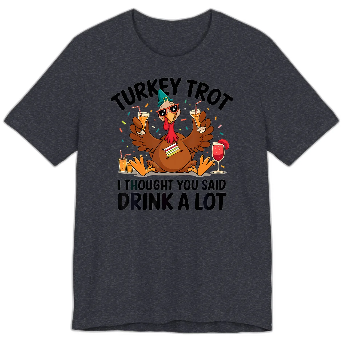 Turkey Trot Drink A Lot Thanksgiving Premium T-Shirt in Heather Navy