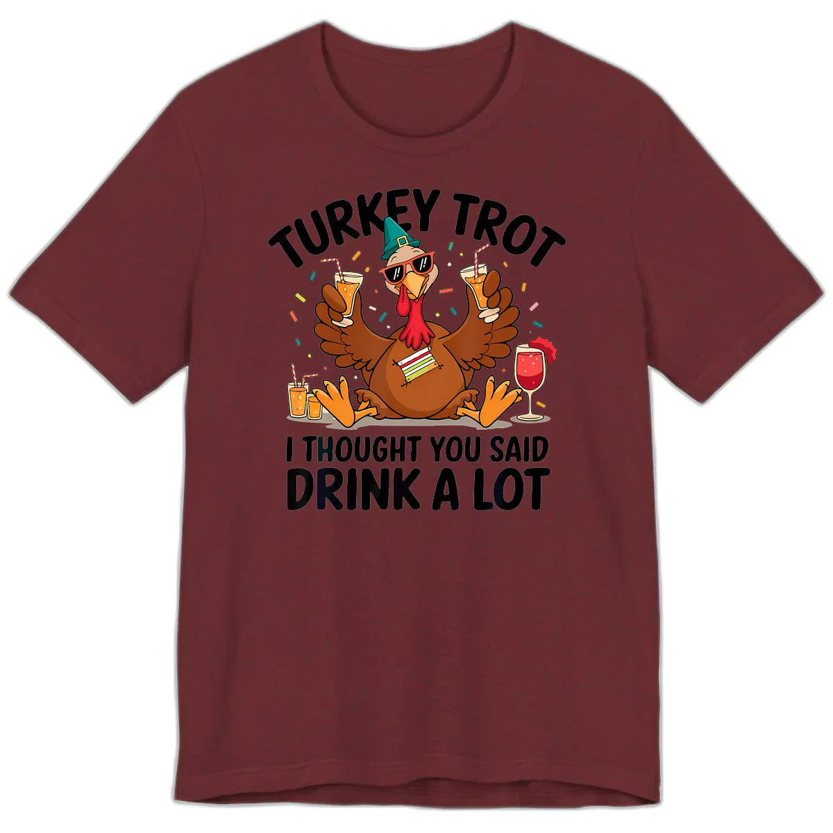 Turkey Trot Drink A Lot Thanksgiving Premium T-Shirt in Heather Cardinal