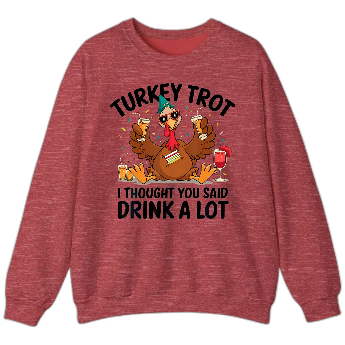 Turkey Trot Drink A Lot Thanksgiving Sweatshirt in Heather Scarlet Red