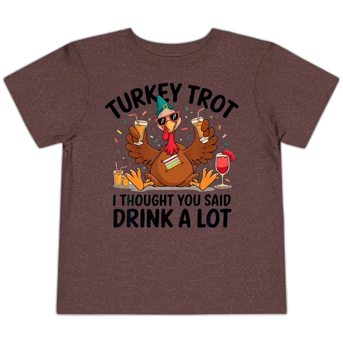 Turkey Trot Drink A Lot Thanksgiving Toddler T-Shirt in Heather Maroon