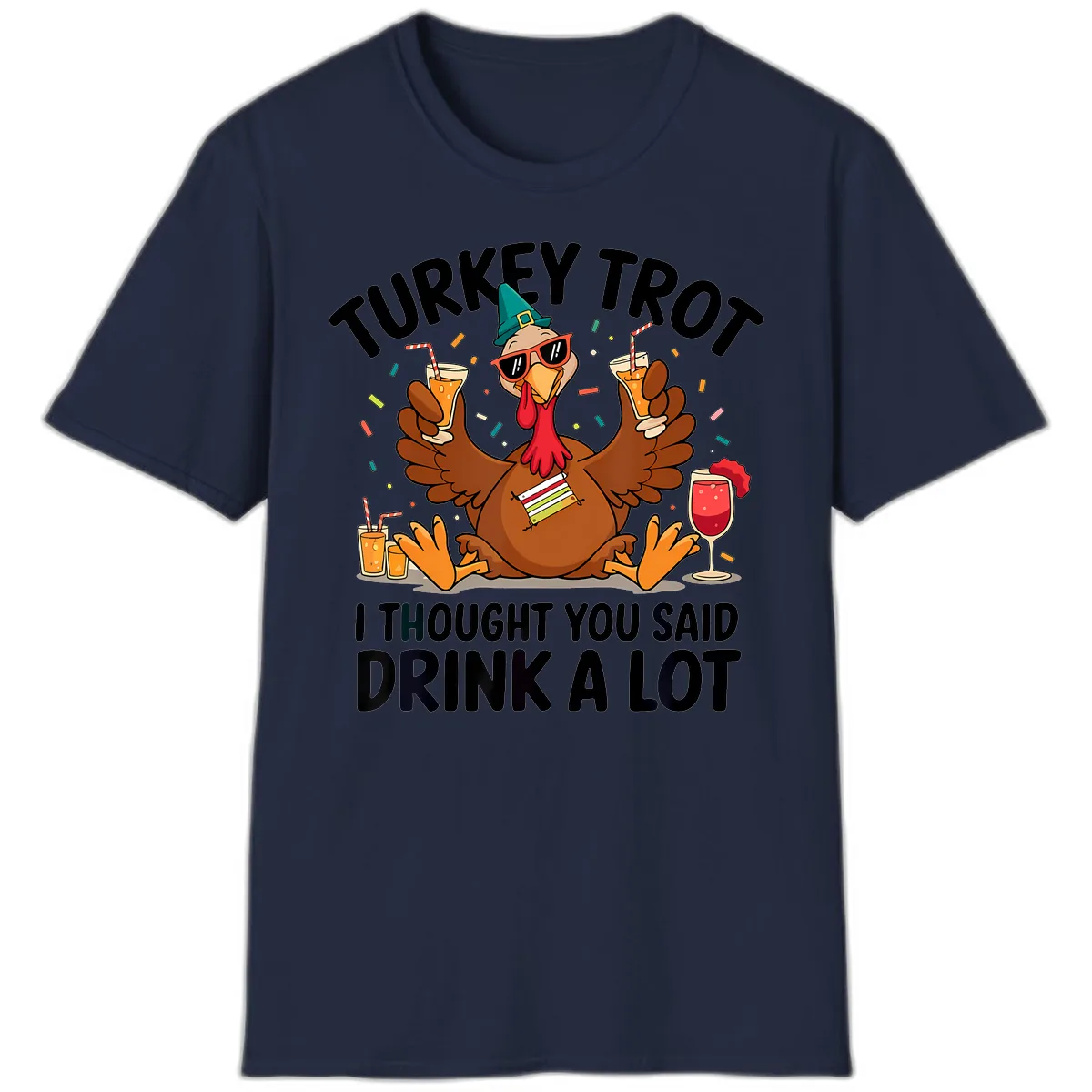 Turkey Trot Drink A Lot Thanksgiving T-Shirt in Navy