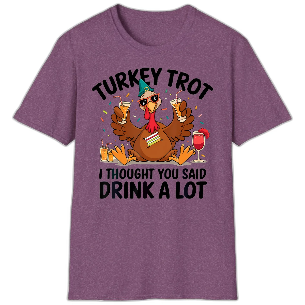 Turkey Trot Drink A Lot Thanksgiving T-Shirt in Heather Maroon