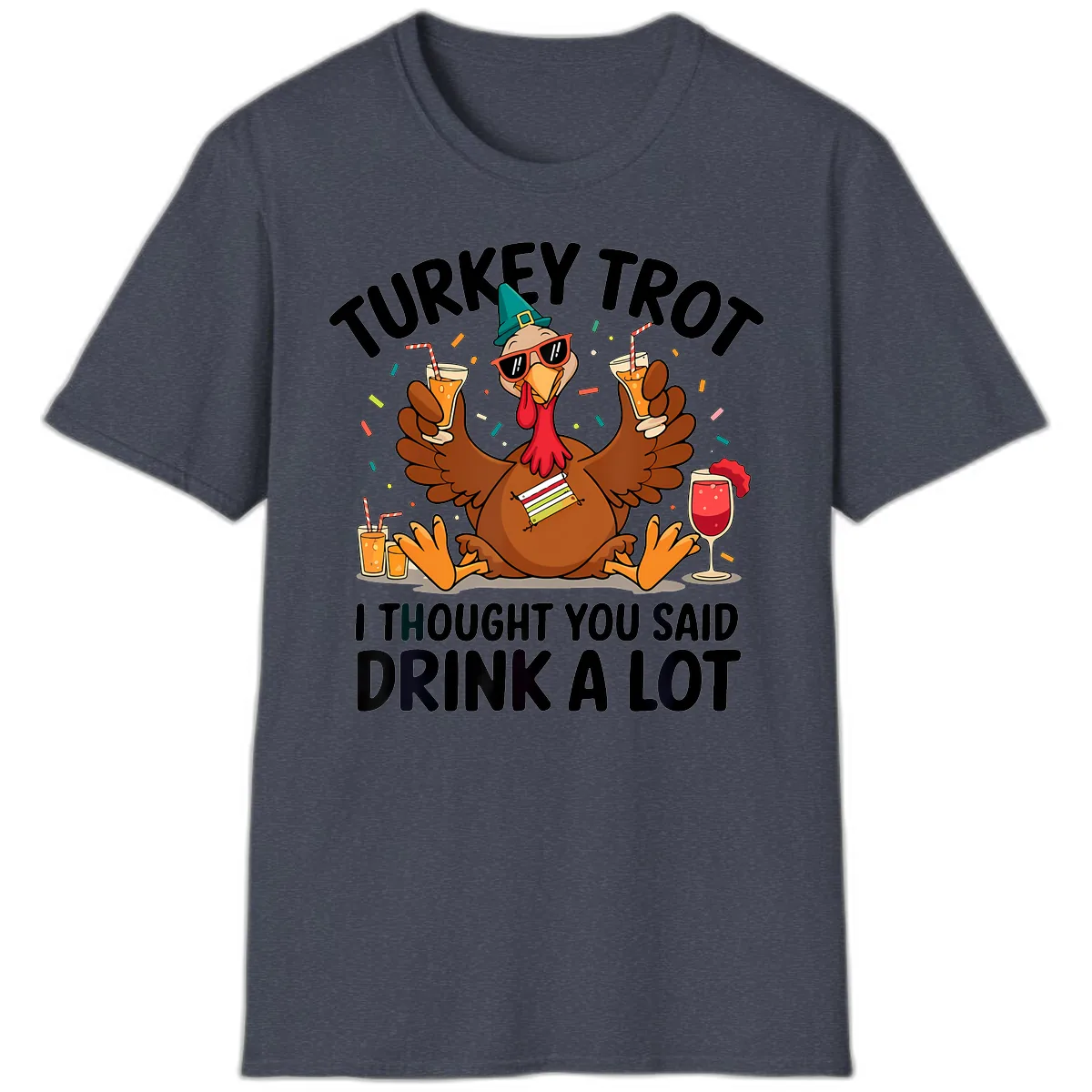 Turkey Trot Drink A Lot Thanksgiving T-Shirt in Heather Navy