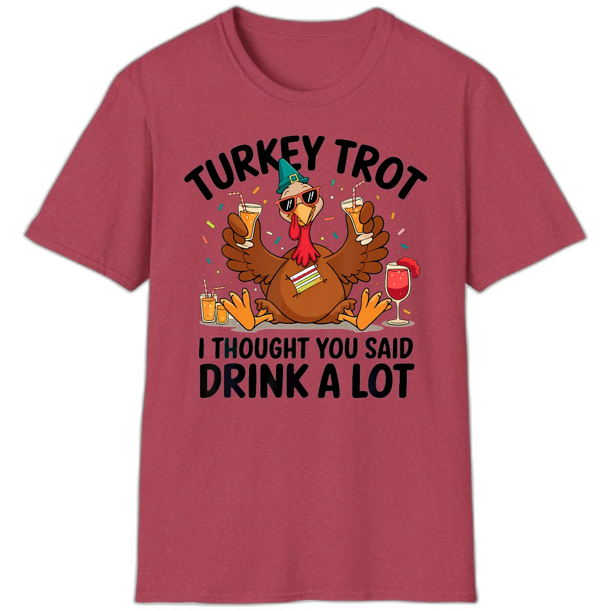 Turkey Trot Drink A Lot Thanksgiving T-Shirt in Heather Cardinal