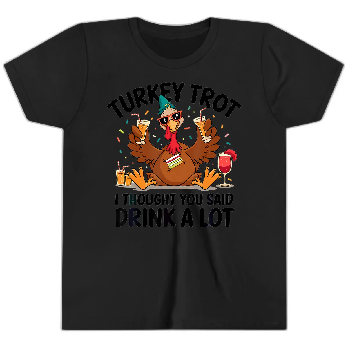 Turkey Trot Drink A Lot Thanksgiving Youth T-Shirt in Black
