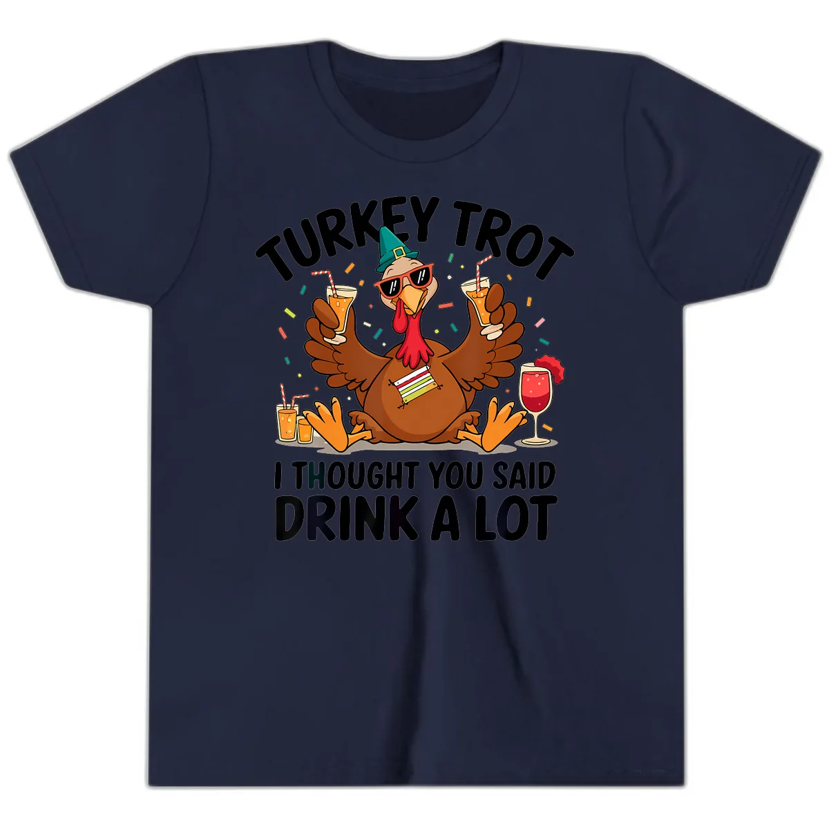 Turkey Trot Drink A Lot Thanksgiving Youth T-Shirt in Navy