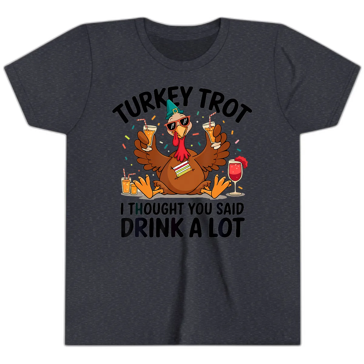 Turkey Trot Drink A Lot Thanksgiving Youth T-Shirt in Heather Navy