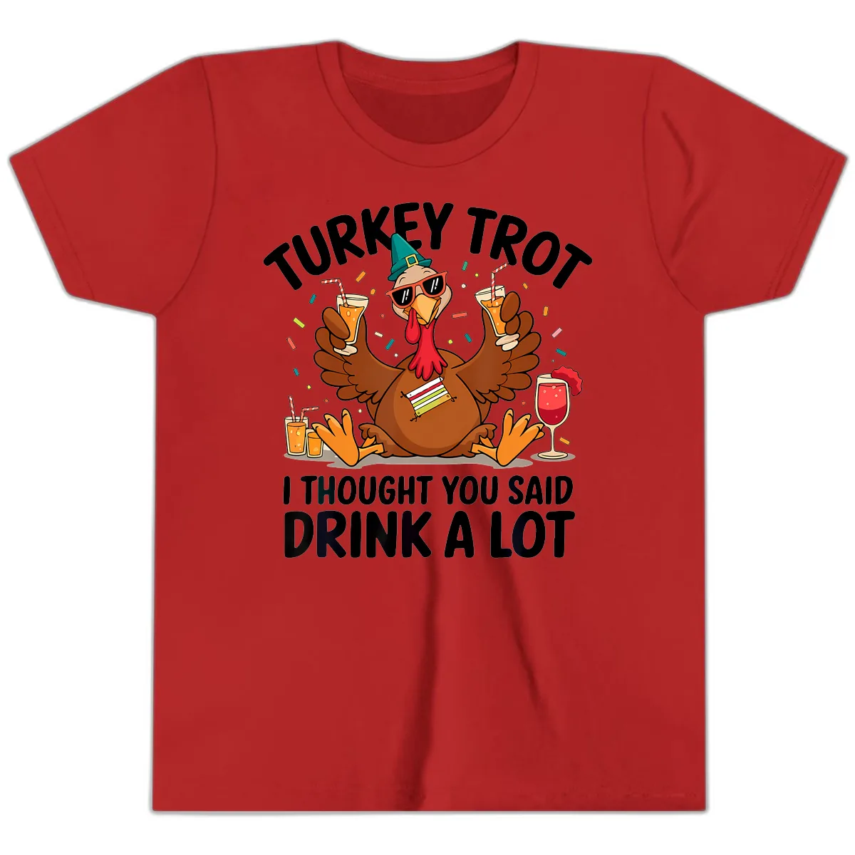 Turkey Trot Drink A Lot Thanksgiving Youth T-Shirt in Red