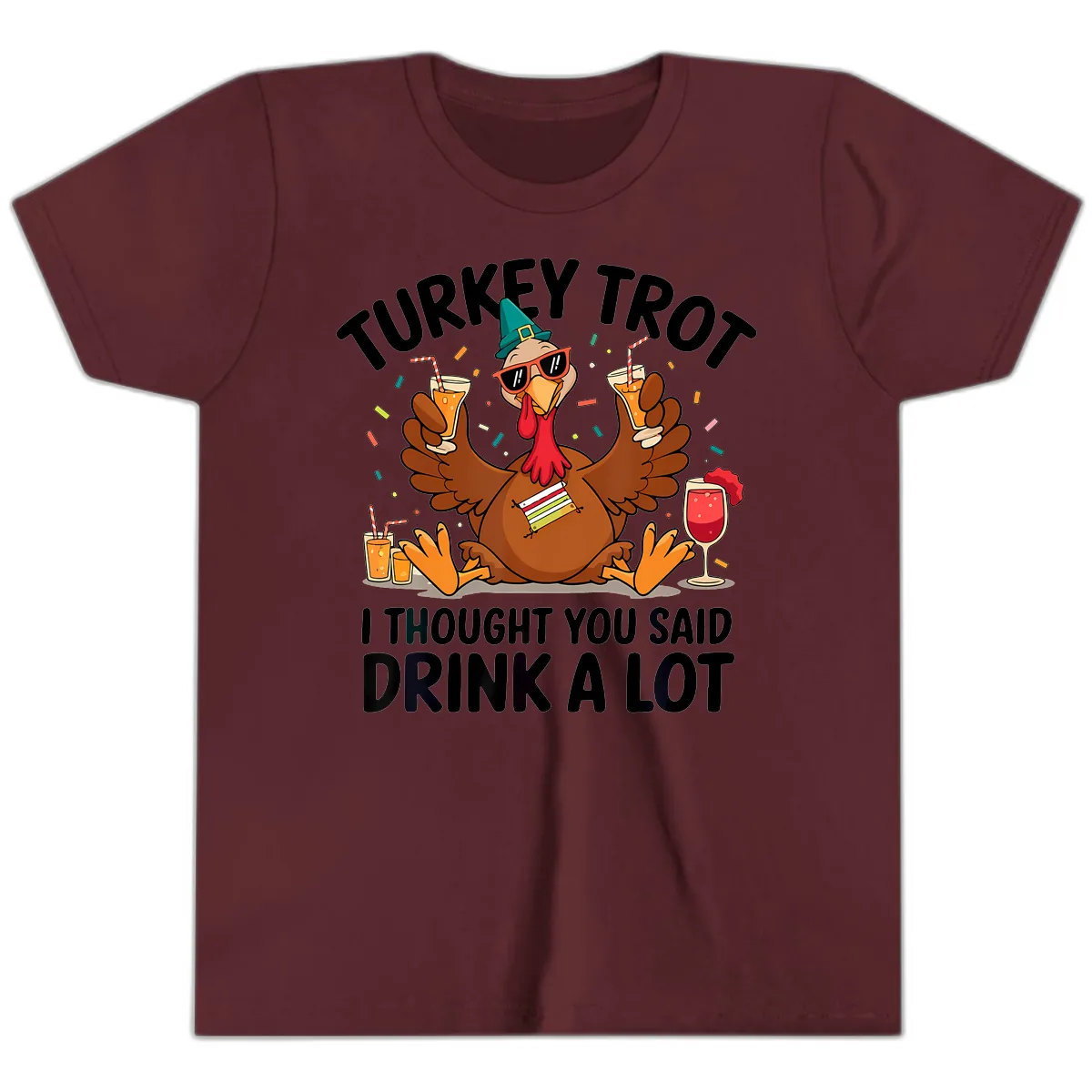 Turkey Trot Drink A Lot Thanksgiving Youth T-Shirt in Maroon
