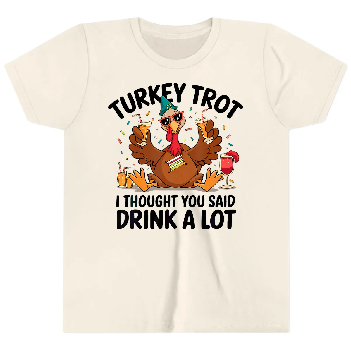 Turkey Trot Drink A Lot Thanksgiving Youth T-Shirt in Natural