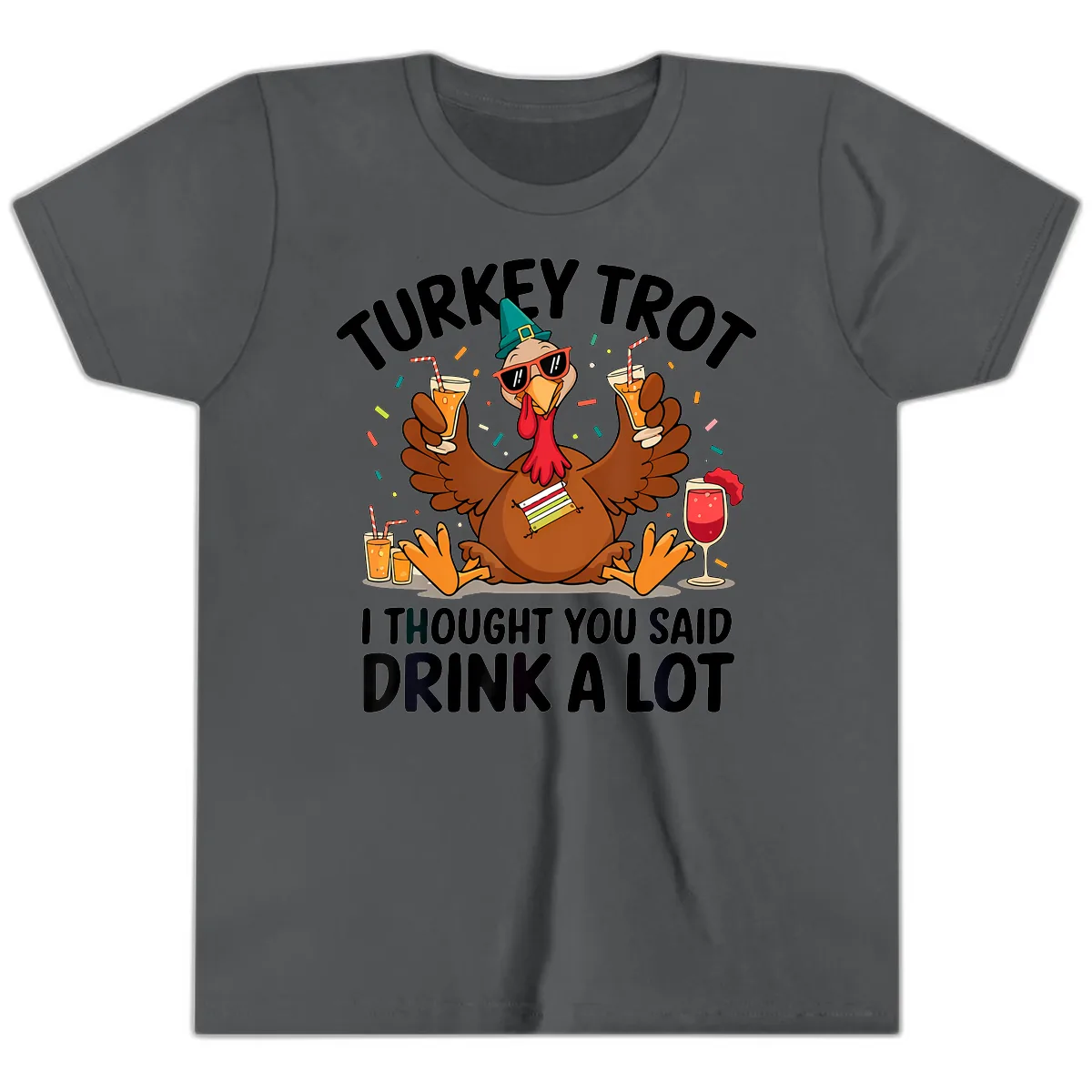 Turkey Trot Drink A Lot Thanksgiving Youth T-Shirt in Asphalt
