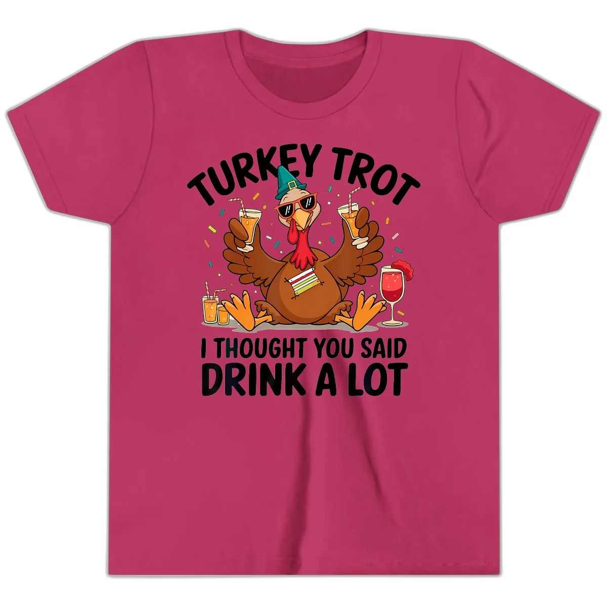 Turkey Trot Drink A Lot Thanksgiving Youth T-Shirt in Berry