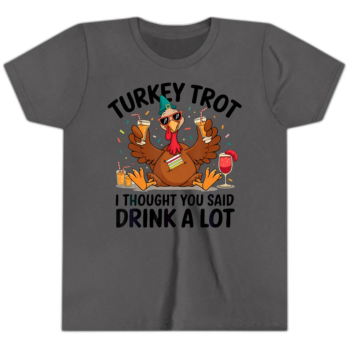 Turkey Trot Drink A Lot Thanksgiving Youth T-Shirt in Dark Heather Grey