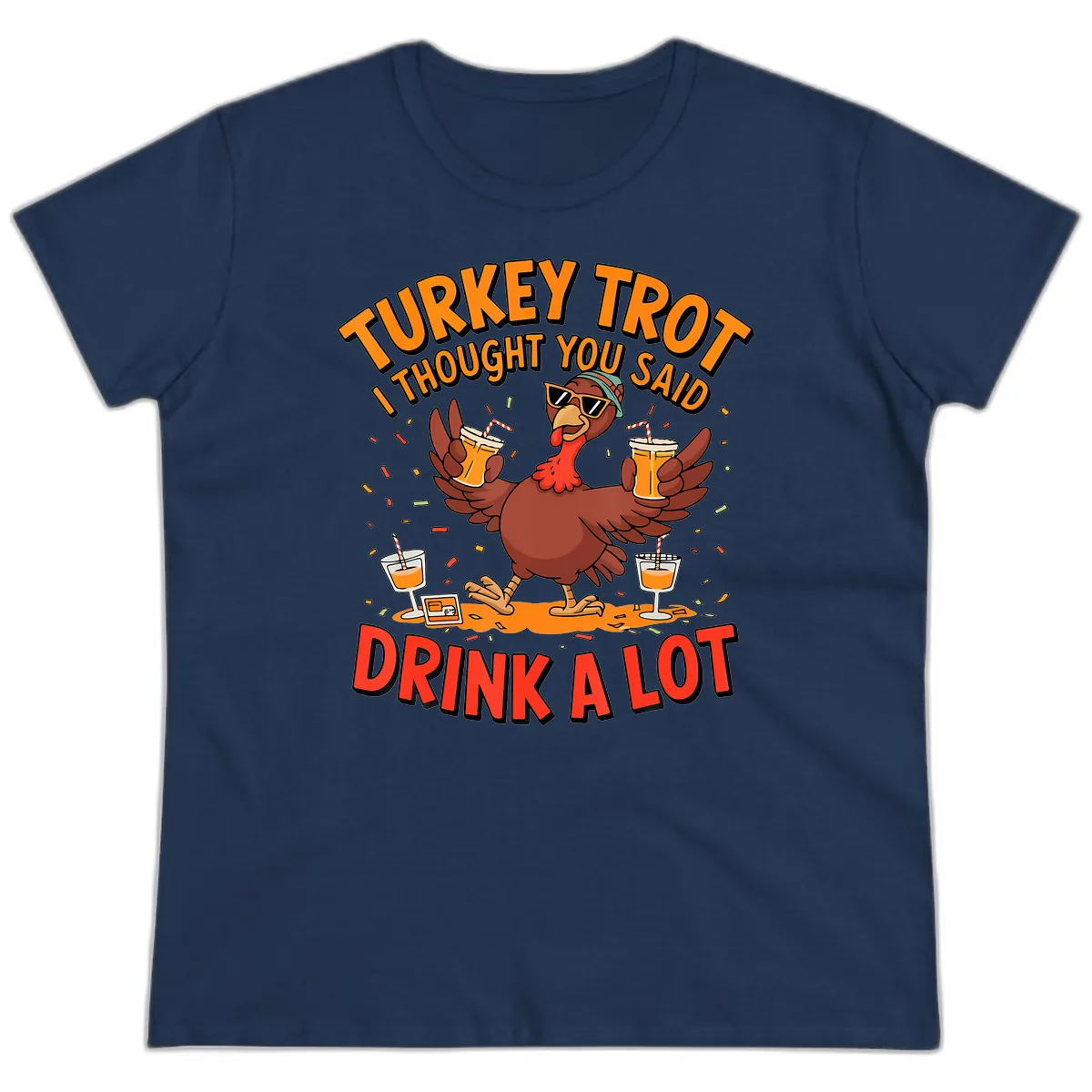 Turkey Trot Drink A Lot Design Ladies Tee in Navy