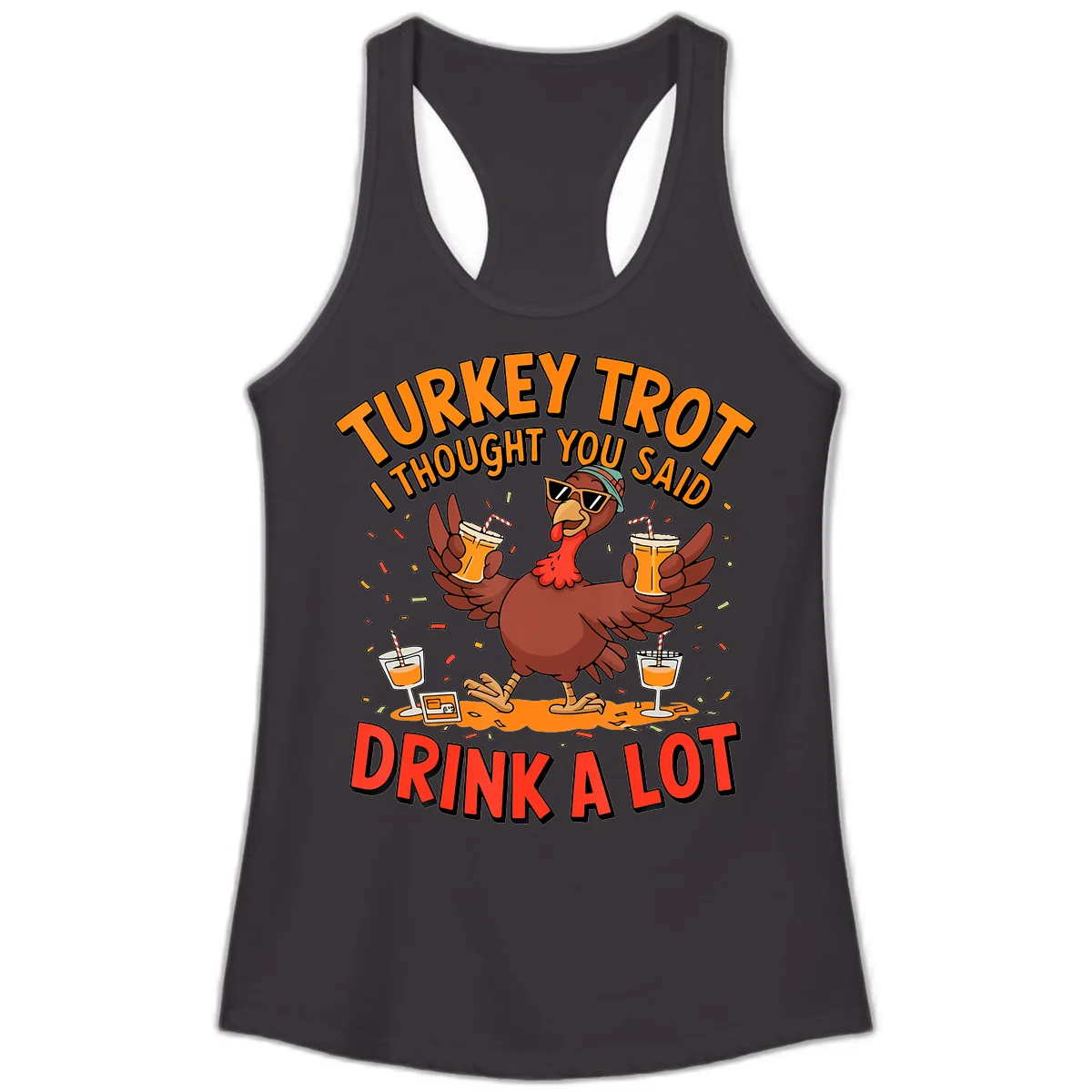 Turkey Trot Drink A Lot Design Ladies Tank in Black