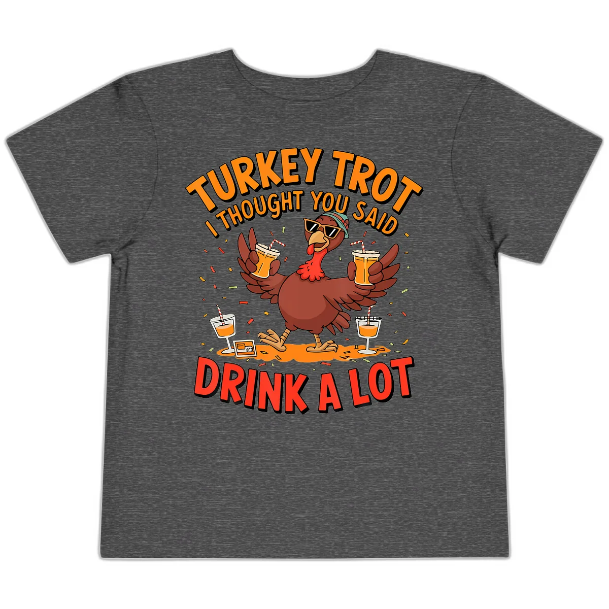 Turkey Trot Drink A Lot Design Toddler T-Shirt in Dark Heather Grey