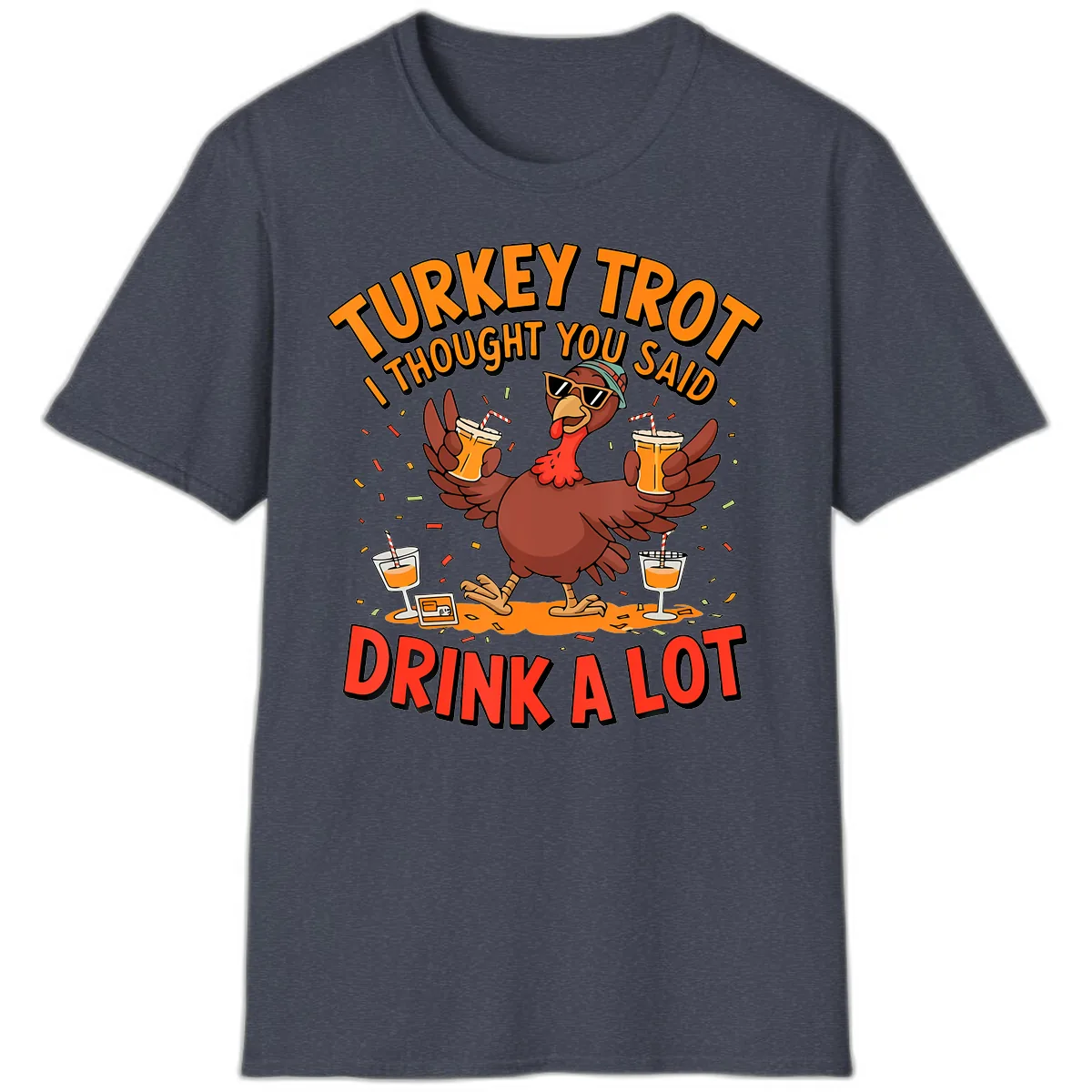 Turkey Trot Drink A Lot Design T-Shirt in Heather Navy