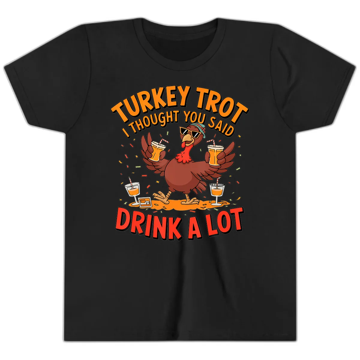 Turkey Trot Drink A Lot Design Youth T-Shirt in Black