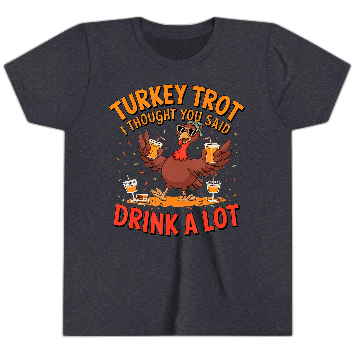 Turkey Trot Drink A Lot Design Youth T-Shirt in Heather Navy
