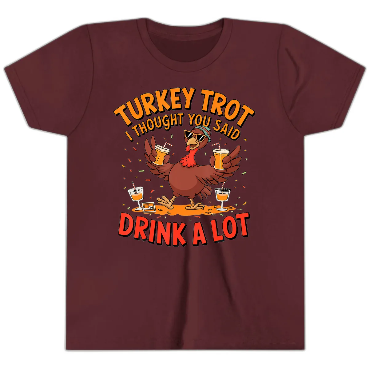 Turkey Trot Drink A Lot Design Youth T-Shirt in Maroon