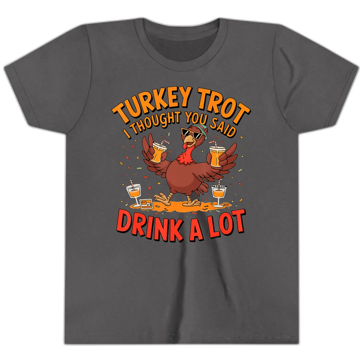 Turkey Trot Drink A Lot Design Youth T-Shirt in Dark Heather Grey