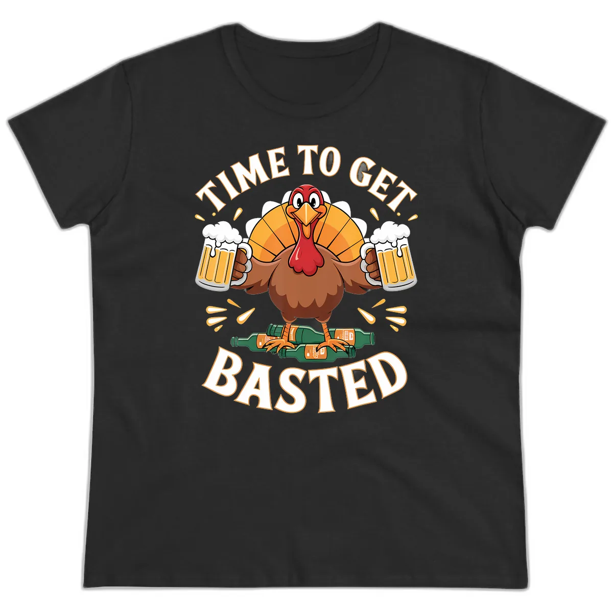Time to Get Basted Turkey Design Ladies Tee in Black