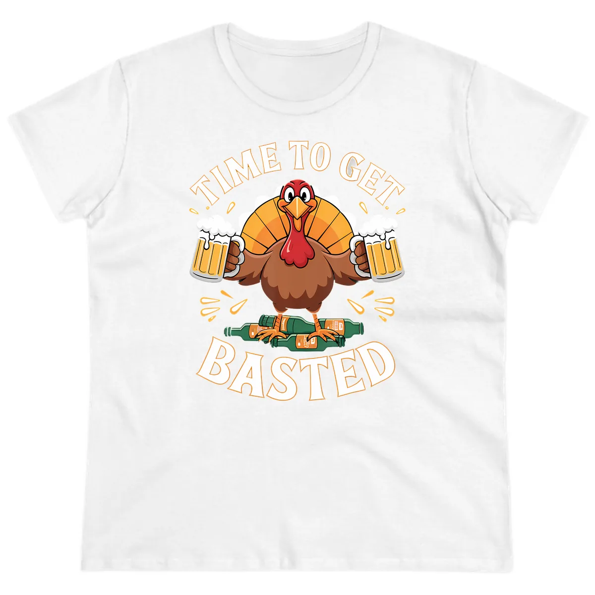 Time to Get Basted Turkey Design Ladies Tee in White