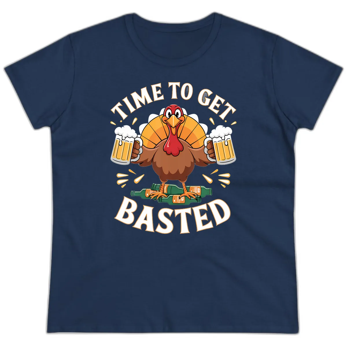 Time to Get Basted Turkey Design Ladies Tee in Navy