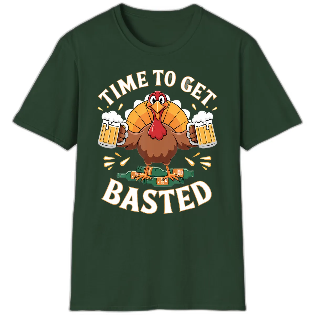 Time to Get Basted Turkey Design T-Shirt in Forest Green
