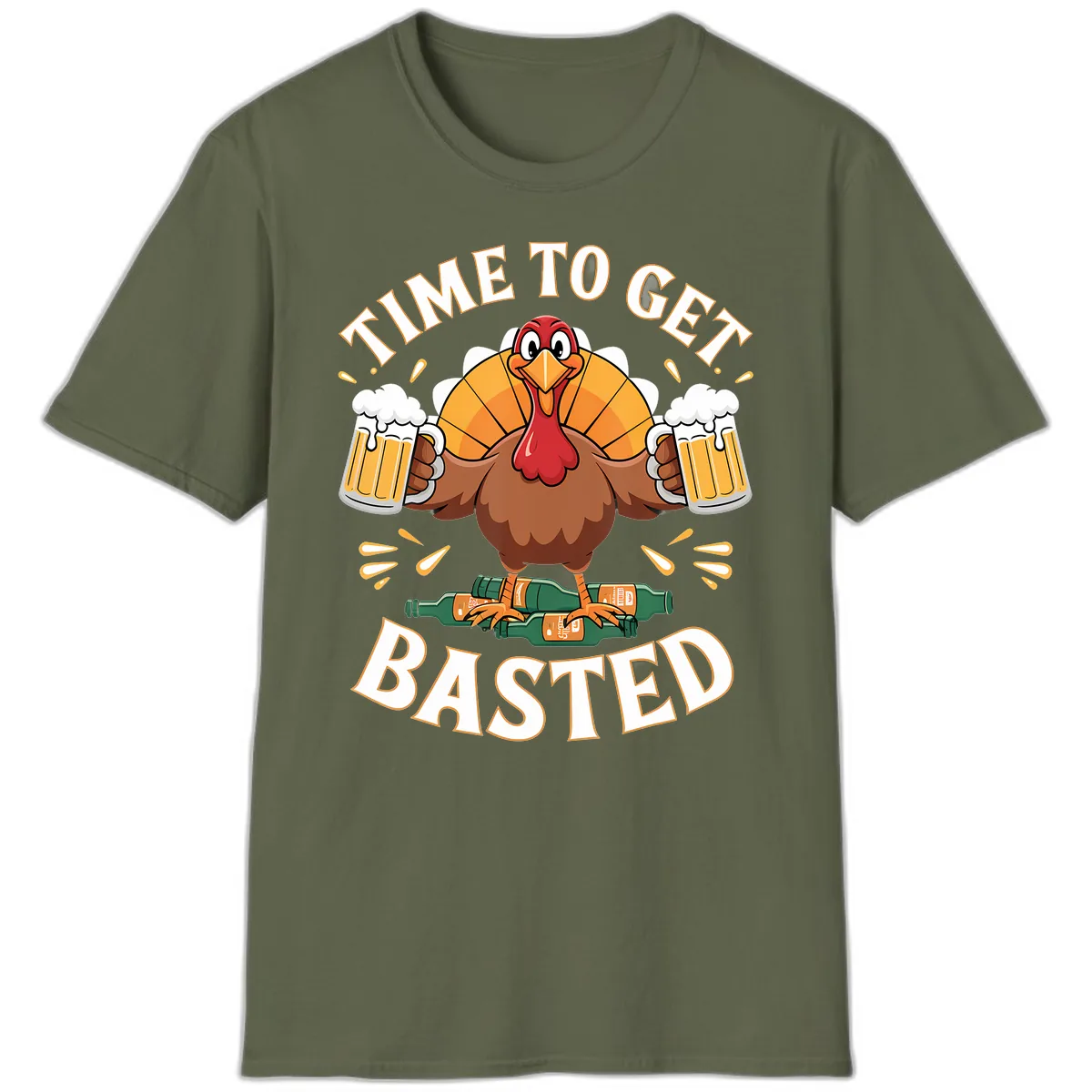 Time to Get Basted Turkey Design T-Shirt in Military Green