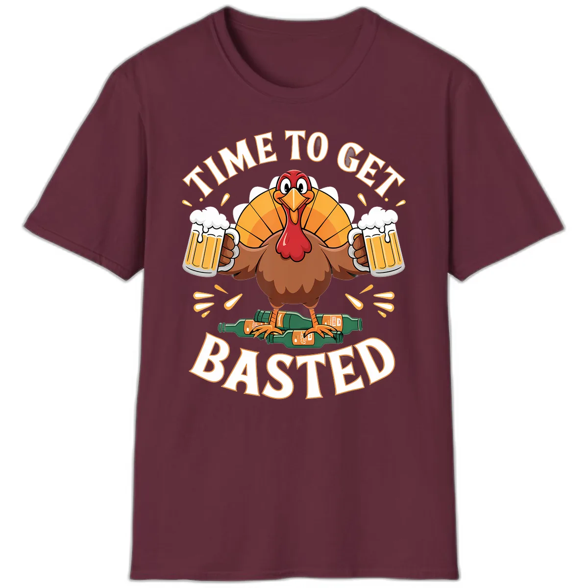 Time to Get Basted Turkey Design T-Shirt in Maroon