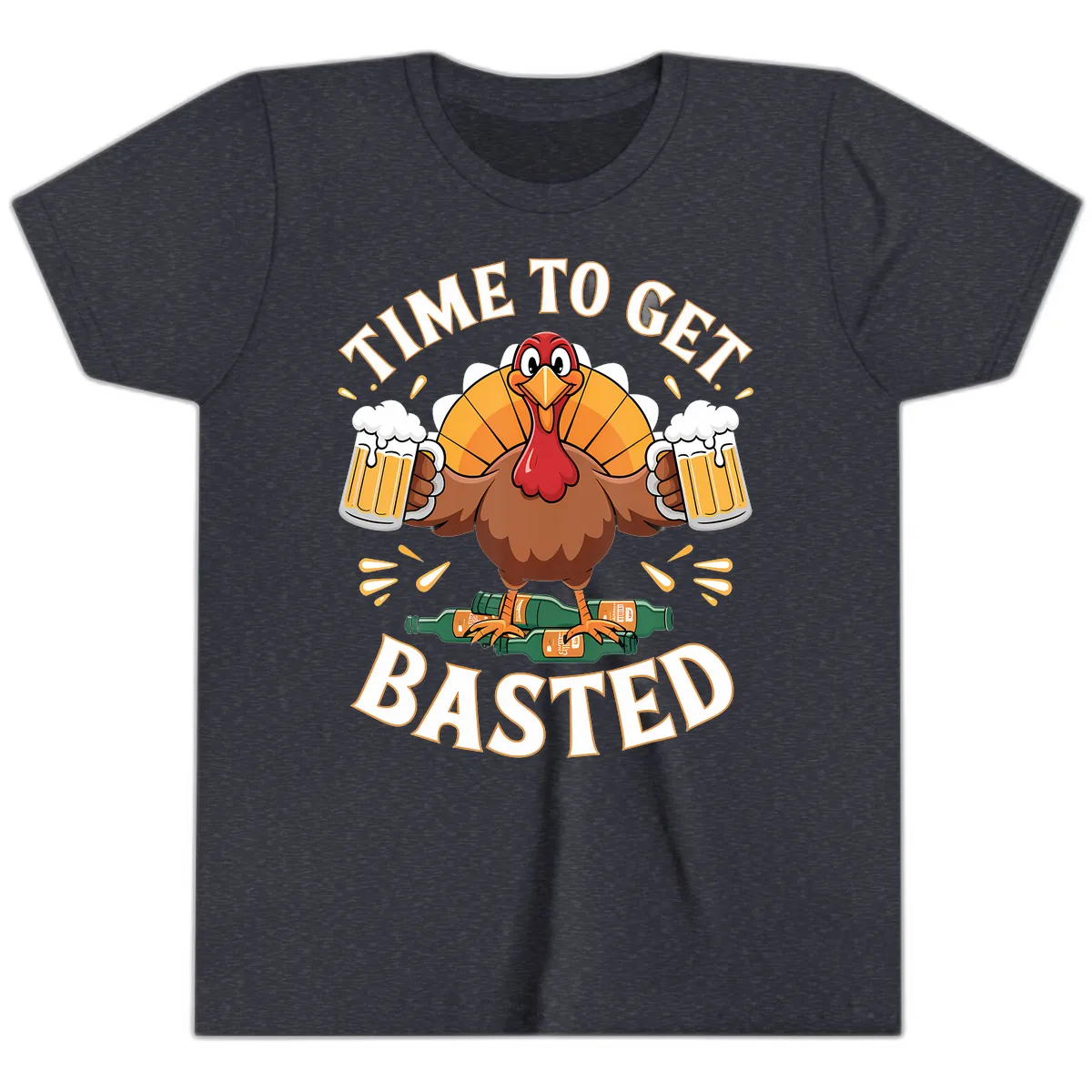 Time to Get Basted Turkey Design Youth T-Shirt in Heather Navy