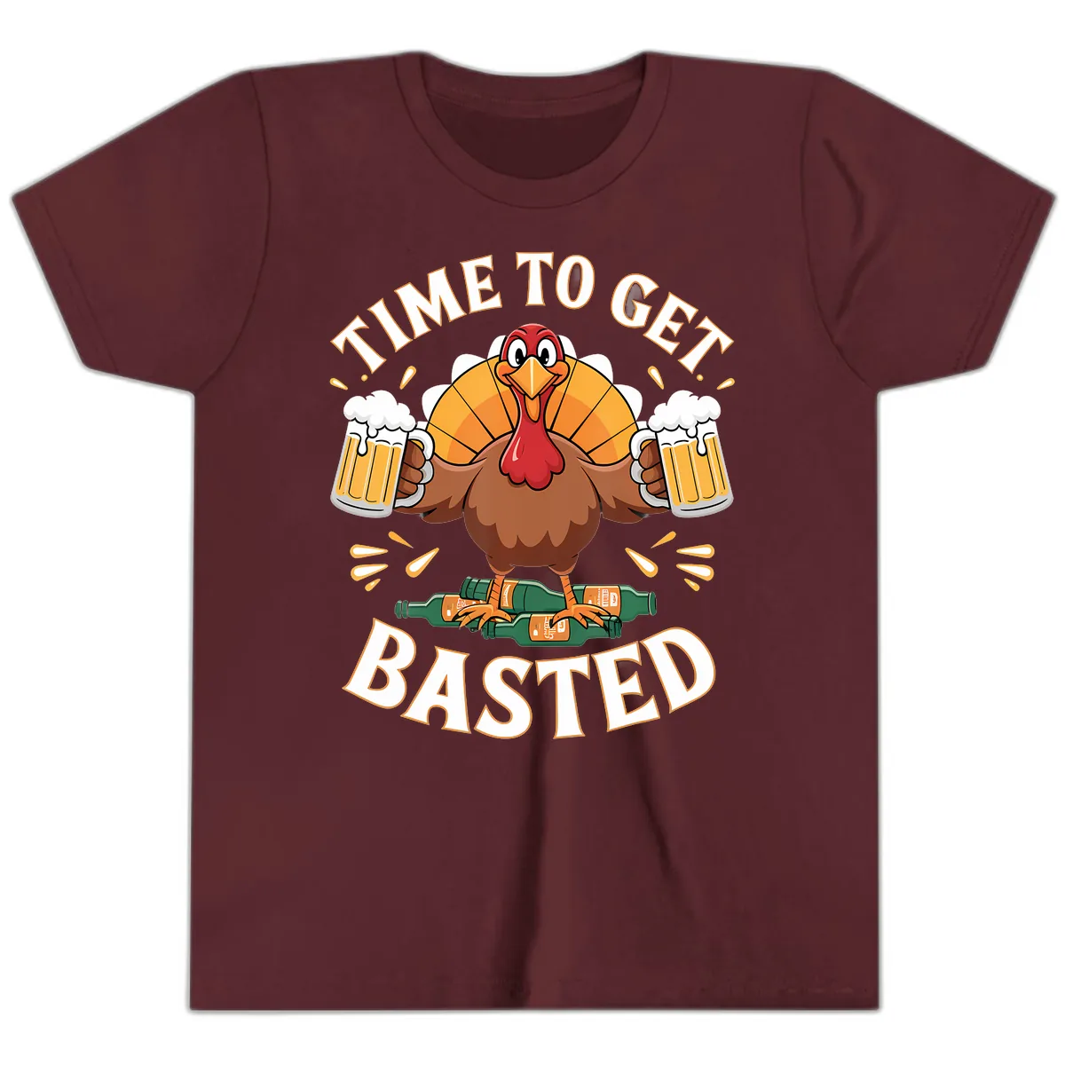 Time to Get Basted Turkey Design Youth T-Shirt in Maroon
