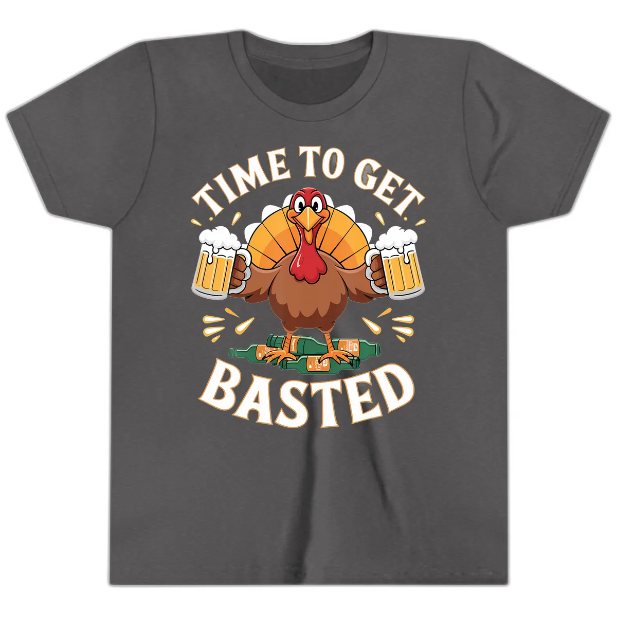 Time to Get Basted Turkey Design Youth T-Shirt in Dark Heather Grey