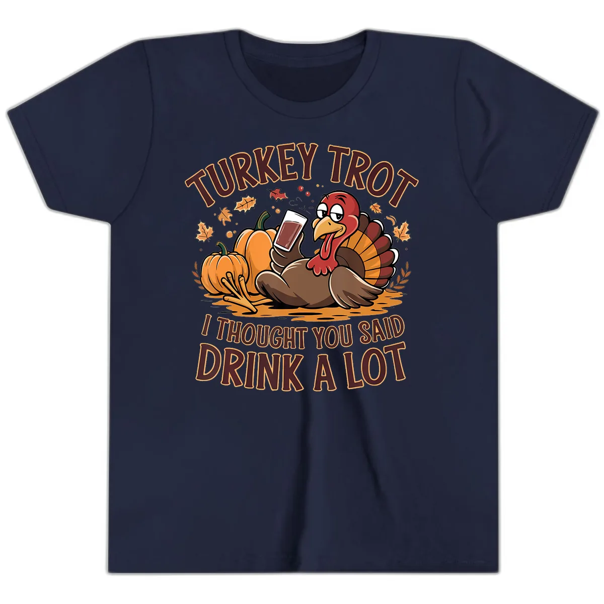 Turkey Trot Drink A Lot Thanksgiving Graphic Youth T-Shirt in Navy