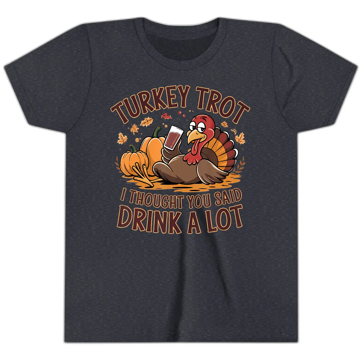 Turkey Trot Drink A Lot Thanksgiving Graphic Youth T-Shirt in Heather Navy