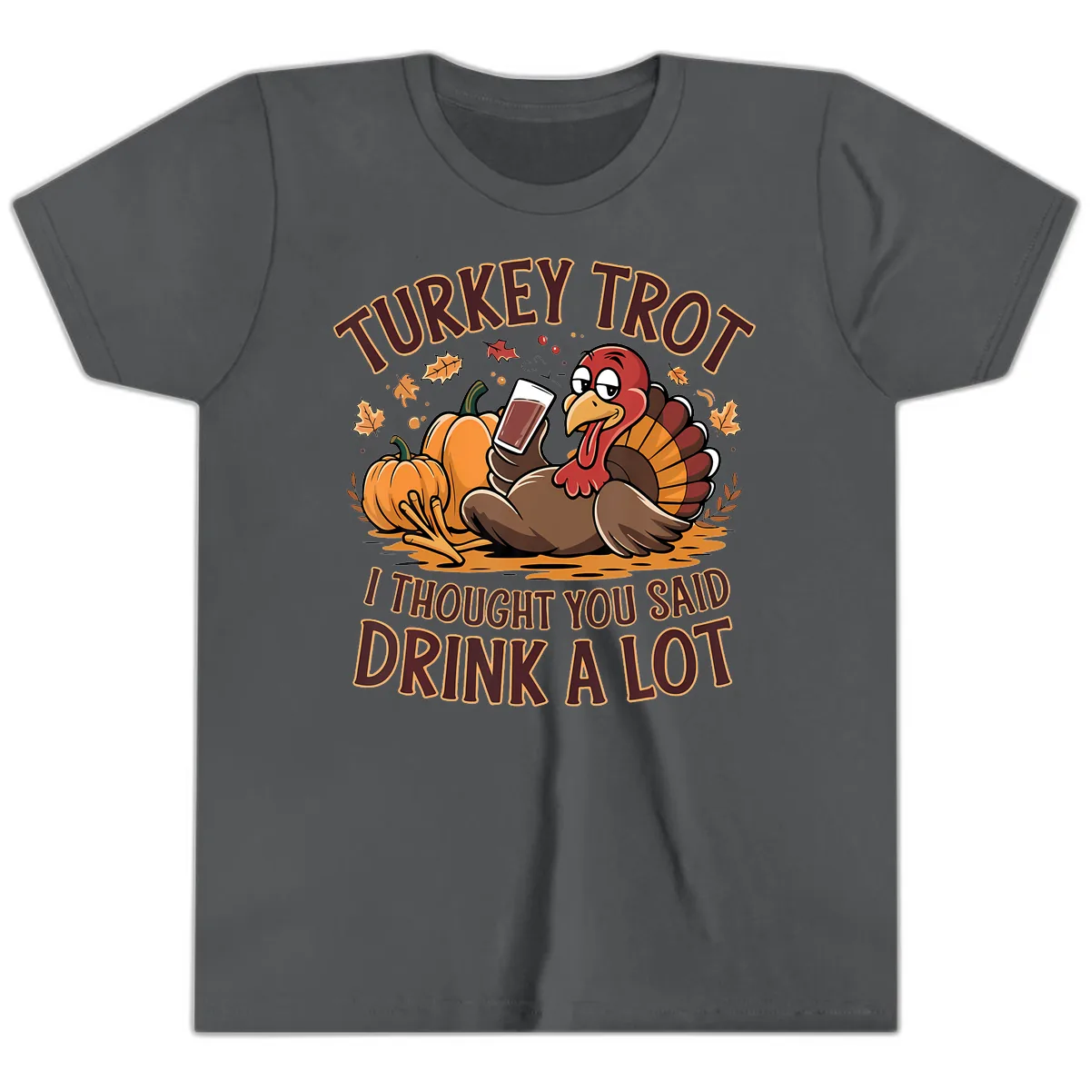 Turkey Trot Drink A Lot Thanksgiving Graphic Youth T-Shirt in Asphalt