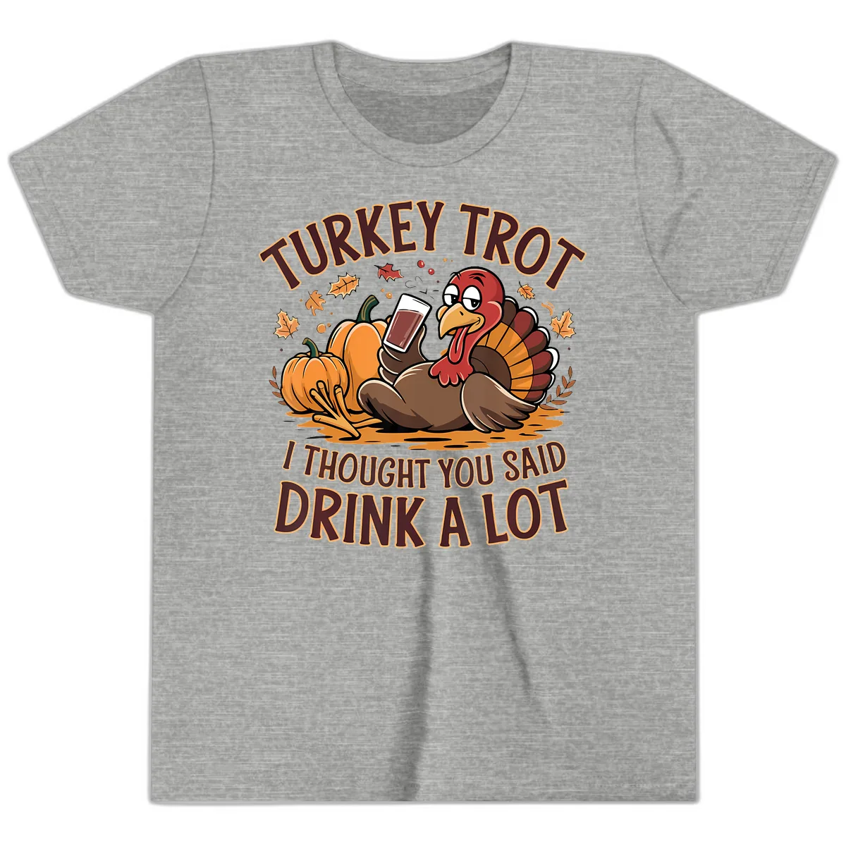 Turkey Trot Drink A Lot Thanksgiving Graphic Youth T-Shirt in Athletic Heather
